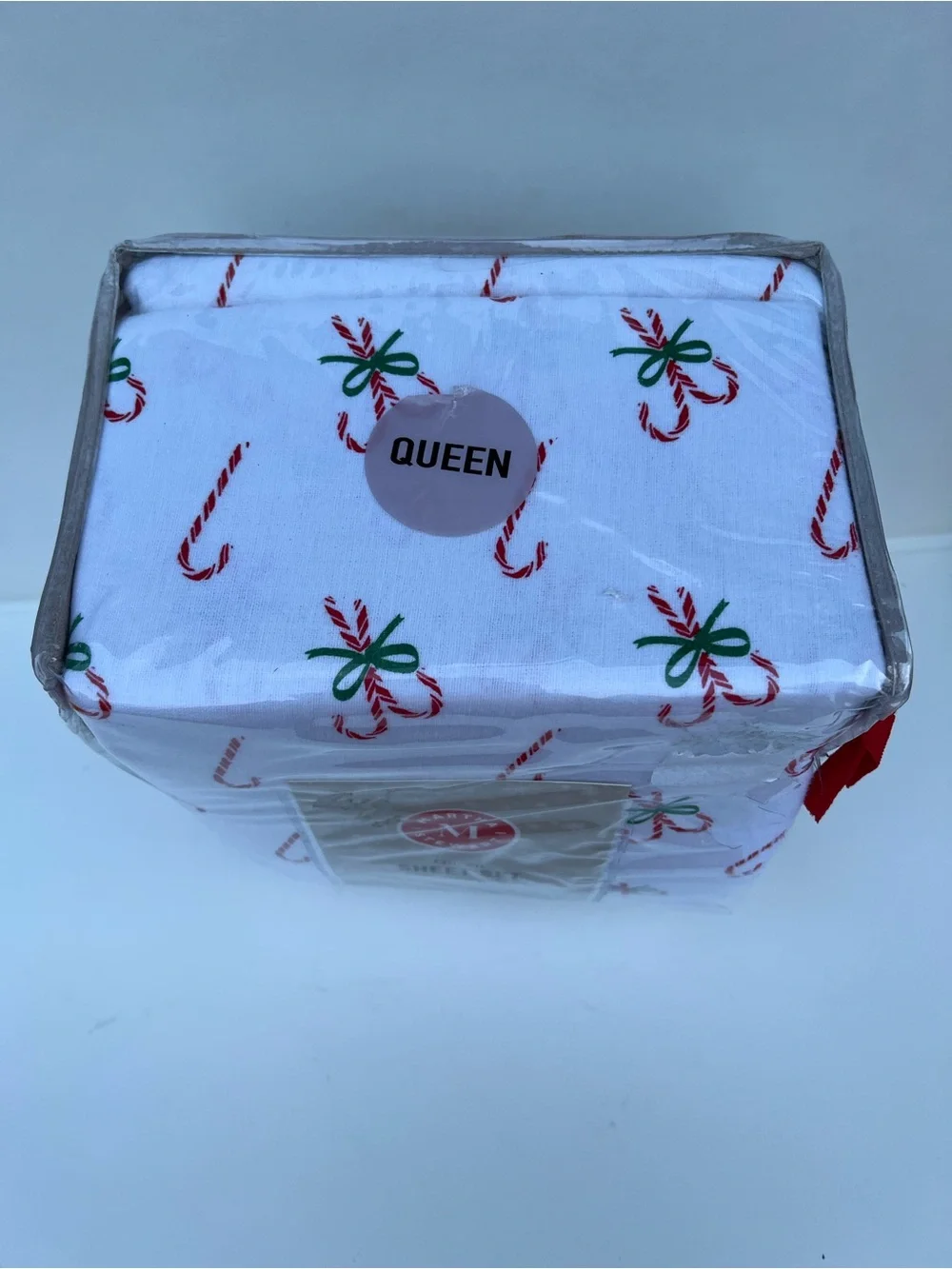 Martha Stewart Candy Cane Print Flannel Sheet Set - White, Red, Green